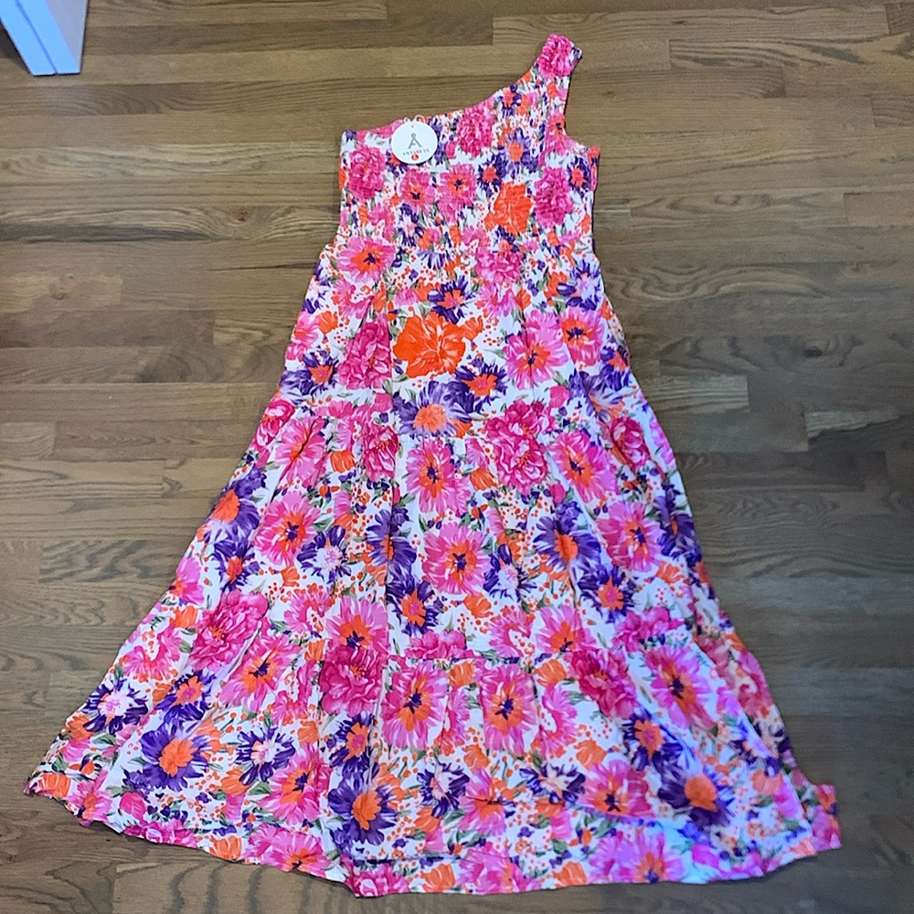 ANRABESS Bohemian One Shoulder Sleeveless  Ruffle Tiered Maxi Dress Floral